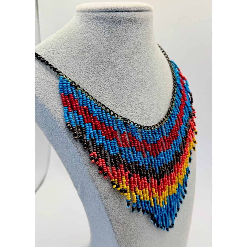 Vibrant Colorful Boho Tribal Fringe Seed Bead Collar Necklace